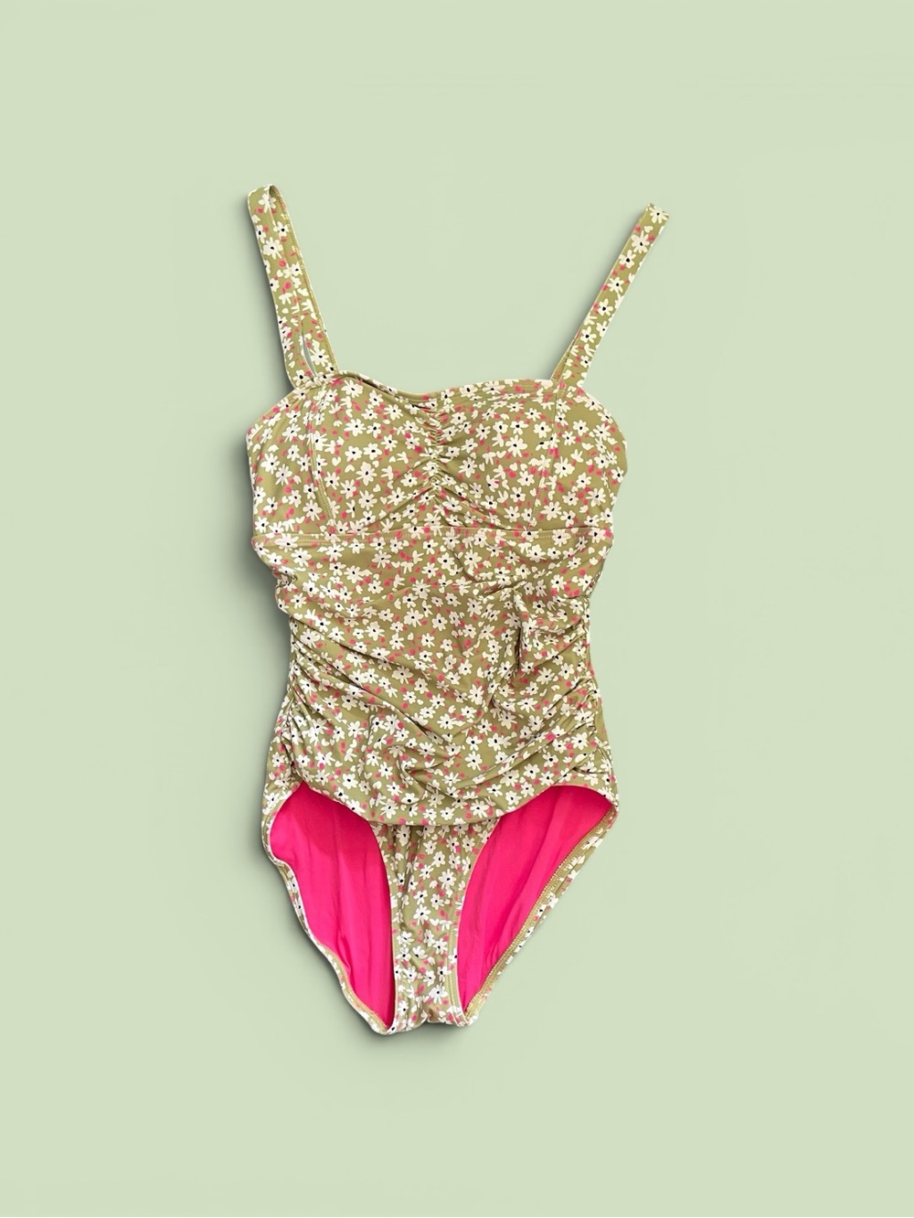 #160, Anne Cole Floral One-Piece Swimsuit in Olive with Pink Lining, size 8